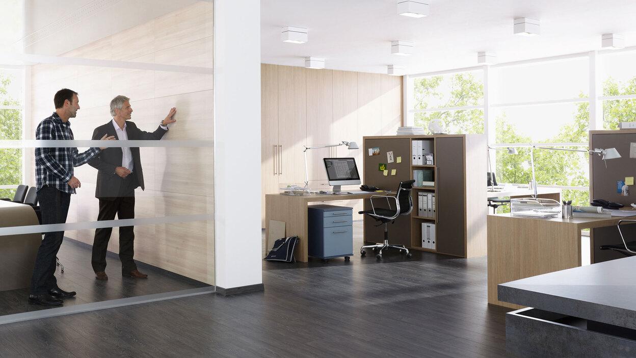 Impression eines Büros mit abgeschlossenem Raum mit Glaswand und offener Bürogestaltung.